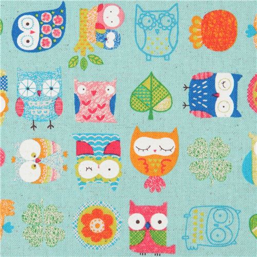 owl bird animal Canvas turquoise fabric from Japan Fabric