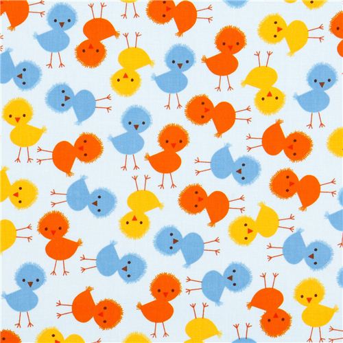 pale blue fabric with colourful chicks by Robert Kaufman 2
