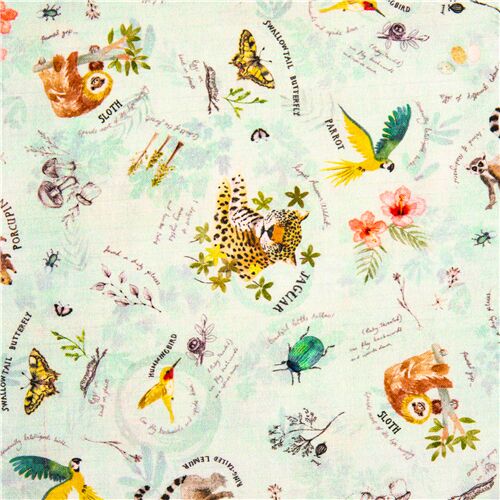 Tissu en coton bleu-vert ple animaux sauvages et journaux Tissu