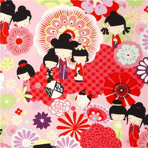 pale pink Japanese Kokeshi doll fabric by Alexander Henry Fabric by ...