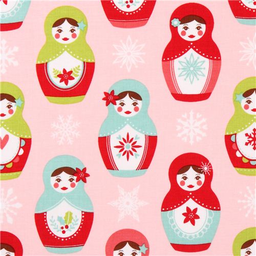 pale pink Riley Blake matryoshka Christmas fabric with flowers USA