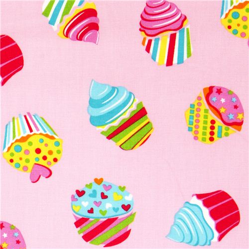 pale rosa designer fabric colourful Party cupcakes hearts 1