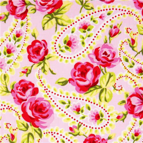 hellrosa Designer Stoff mit Rosen und Paisley aus den USA 1