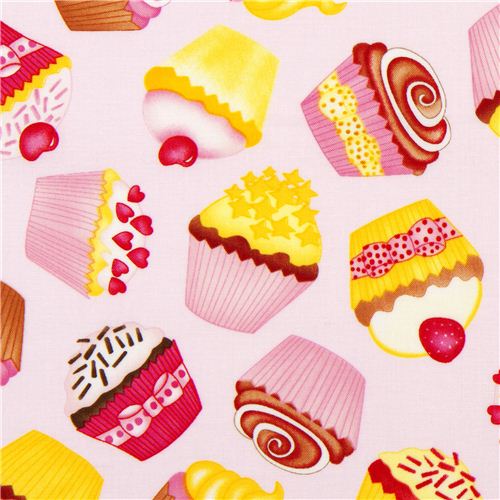 pale pink designer fabric with tossed cupcakes USA 1