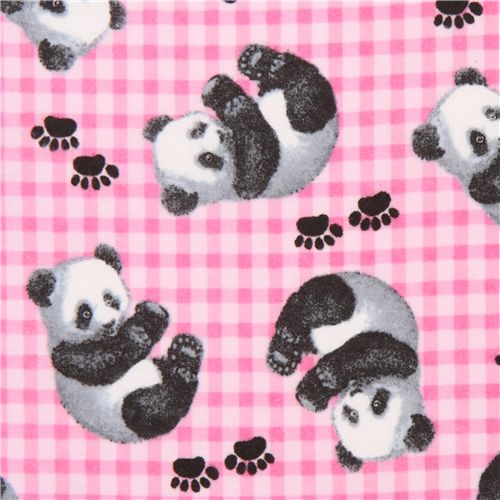 pale pink checkered panda bear animal flannel fabric USA Fabric by