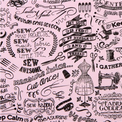 pale pink sewing accessories sewing words fabric by Timeless Treasures