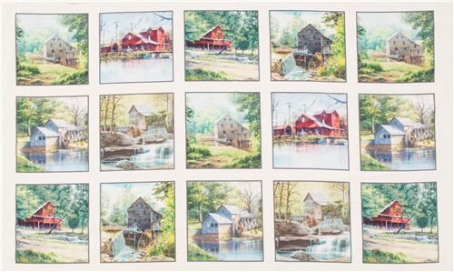 Tissu en coton  panneaux crme moulin  eau, paysages thme de la rivire Tissu