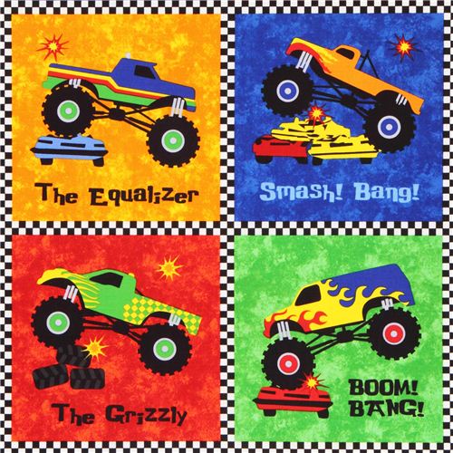 patchwork cheater car fabric for boys Monster Truck Madness Fabric by