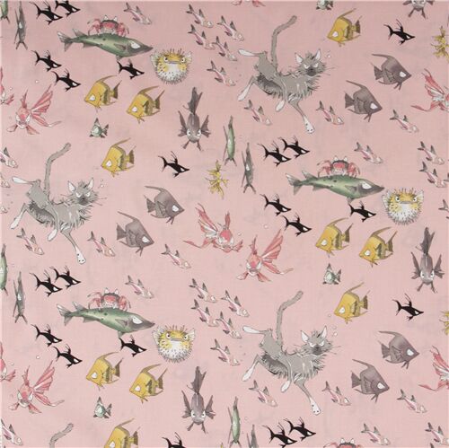 Pfirsich Tierstoff mit Fisch Katze von Alexander Henry Fabric by