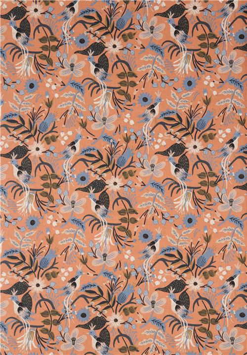 peach fabric with flower leaf bird Canvas fabric by Cotton and Steel