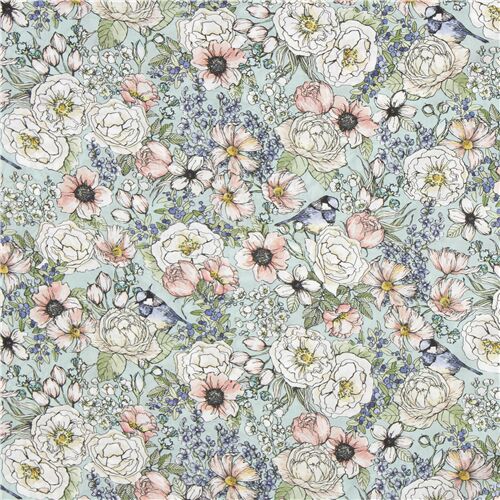 peach florals blue birds on green by Robert Kaufman cotton lawn fabric