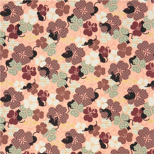 peach with cat animal clover gold metallic embellishment fabric from