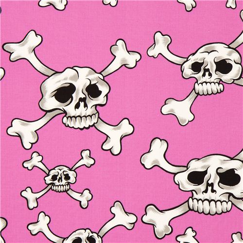 pink Alexander Henry fabric with white skulls and bones Fabric