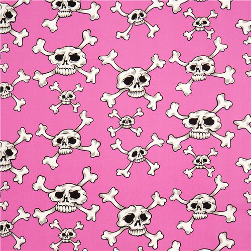 pink Alexander Henry fabric with white skulls and bones 2