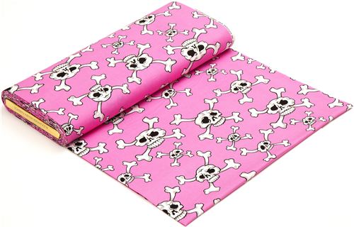 pink Alexander Henry fabric with white skulls and bones 3