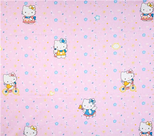 pink Hello Kitty fabric playing with flowers stars 3
