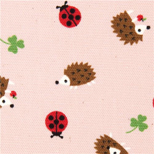 pink Kokka oxford fabric hedgehog & ladybird from Japan 1