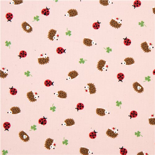 pink Kokka oxford fabric hedgehog & ladybird from Japan 2