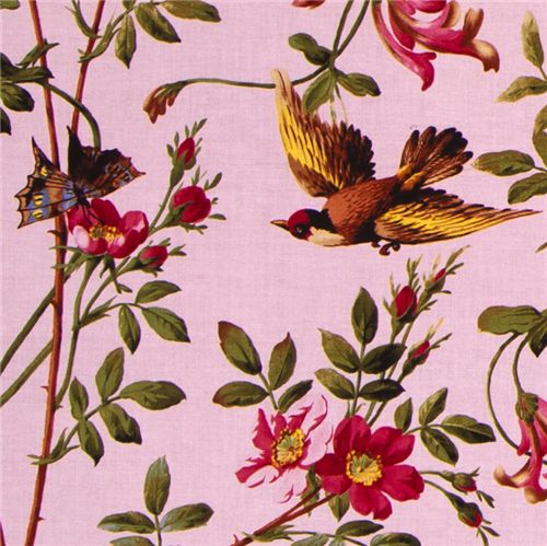 Tela rosa de Michael Miller con flores y pájaros Tela