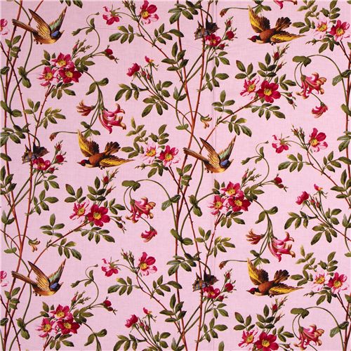 rosa Michael Miller Designer Stoff Vögel Blumen 2