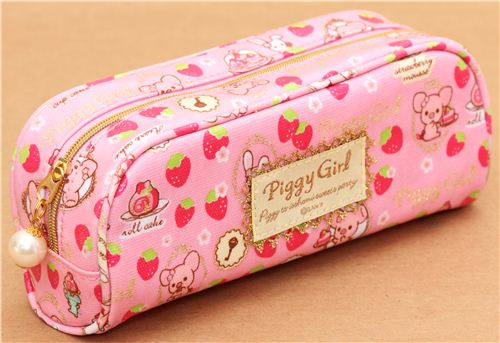 Pink Piggy Girl pig pencil case strawberry glitter San-X 