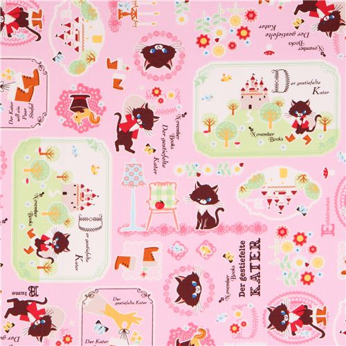 pink Puss in Boots oxford fairy tale fabric fabric by Kokka from Japan Fabric by Kokka modes4u