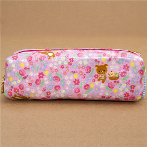 pink Rilakkuma bear pencil case with small flowers - modeS4u