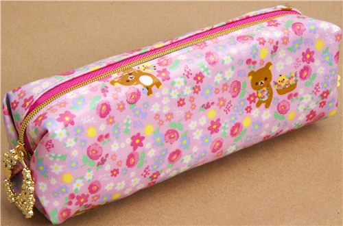 pink Rilakkuma bear pencil case with small flowers - modeS4u