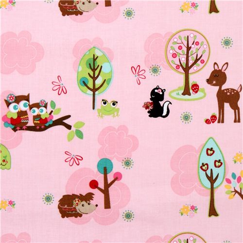 pink Riley Blake fabric kawaii owl hedgehog deer 1