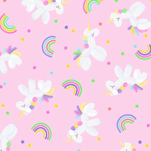 pink Timeless Treasures fabric with balloon unicorns and rainbows - modeS4u