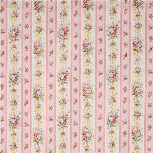 Pink Roses Bouquets on Cream and Pink Micro Stripe  100% Cotton Fabric BTY 