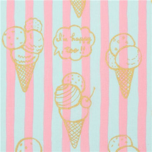 pink and turquoise striped ice cream fabric by Kokka with metallic embellishment Fabric