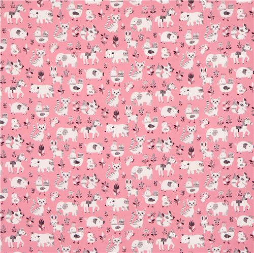 pink bear pig cat elephant animal cotton fabric from Japan - Animal ...