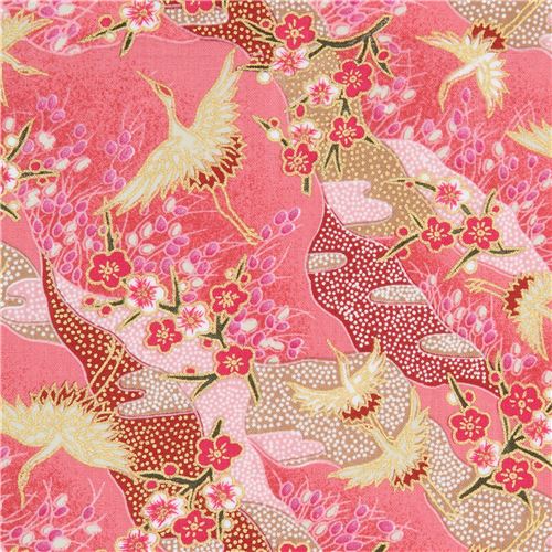 Tela rosa lindo pájaro flor adorno dorado metálico Trans-Pacific Textiles -  modesS4u