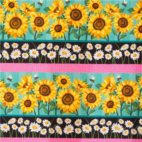 Tissu coton bandes rose noir bleu fleurs marguerites papillons Tissu