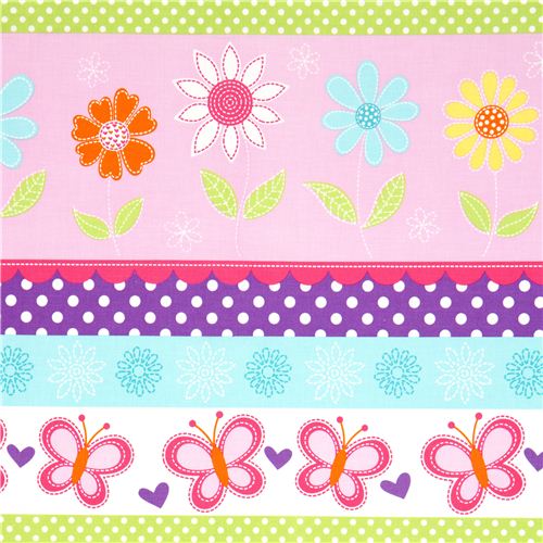 pink butterfly and flowers stripes fabric by Michael Miller Fabric by ...