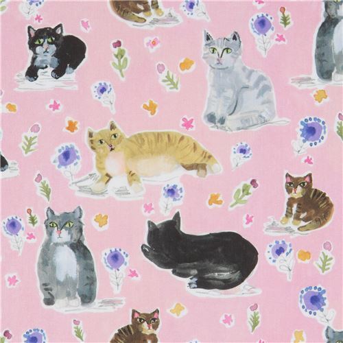 pink cat fabric by Dear Stella with colorful flowers Fabric by Timeless ...