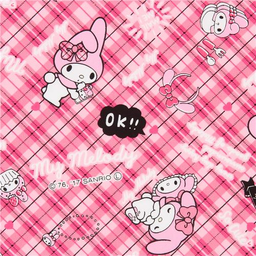 pink checkered My Melody bunny rabbit text oxford fabric