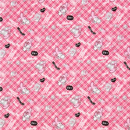 pink checkered My Melody bunny rabbit text oxford fabric 2