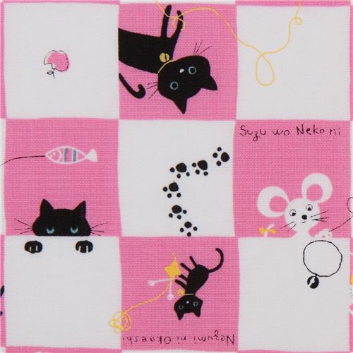 pink checkered kitty mouse Kokka fabric Japan kawaii 1