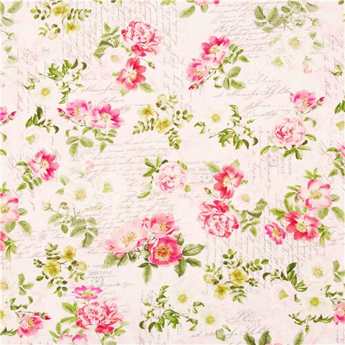 Antique Romantic Roses Cotton Fabric ~ Blue Pink Flax~ Early 1900 