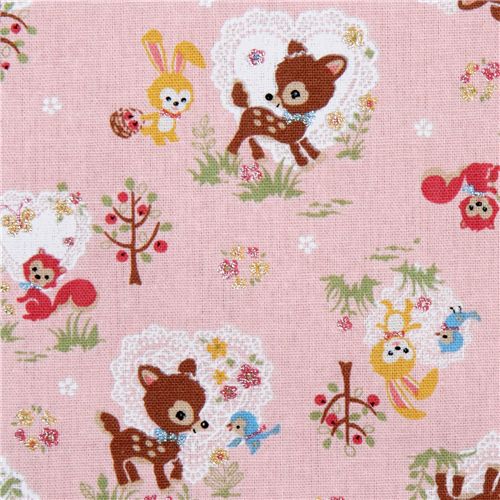 pink deer squirrel bunny Kokka linen fabric 1