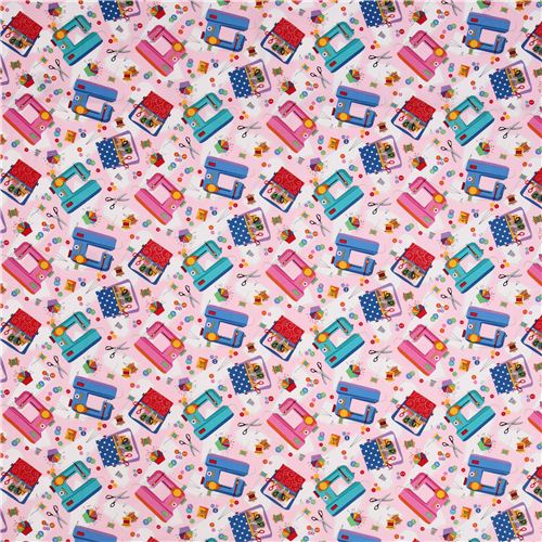 pink designer fabric with sewing machine patterns scissors Timeless Treasures  2