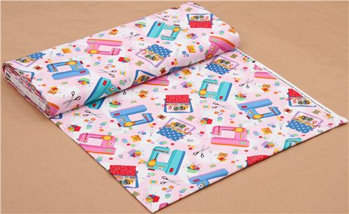 pink designer fabric with sewing machine patterns scissors Timeless Treasures  3