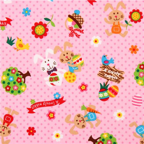 pink dotted rabbit Easter bunny Easter egg flower animal fabric from Japan 1