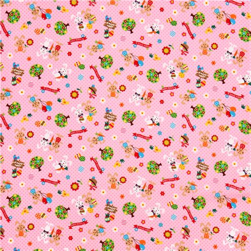 pink dotted rabbit Easter bunny Easter egg flower animal fabric from Japan 2
