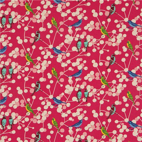 pink echino birds and berries canvas fabric cherry 2