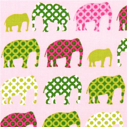 pink fabric with colourful elephants Robert Kaufman 1