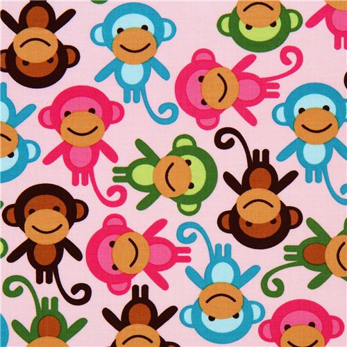 pink fabric with colourful monkeys Robert Kaufman - Animal Fabric ...