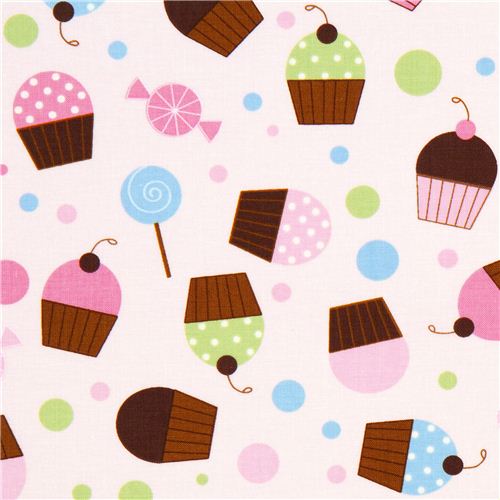 pink fabric with cupcakes lolly cherry Robert Kaufman 1